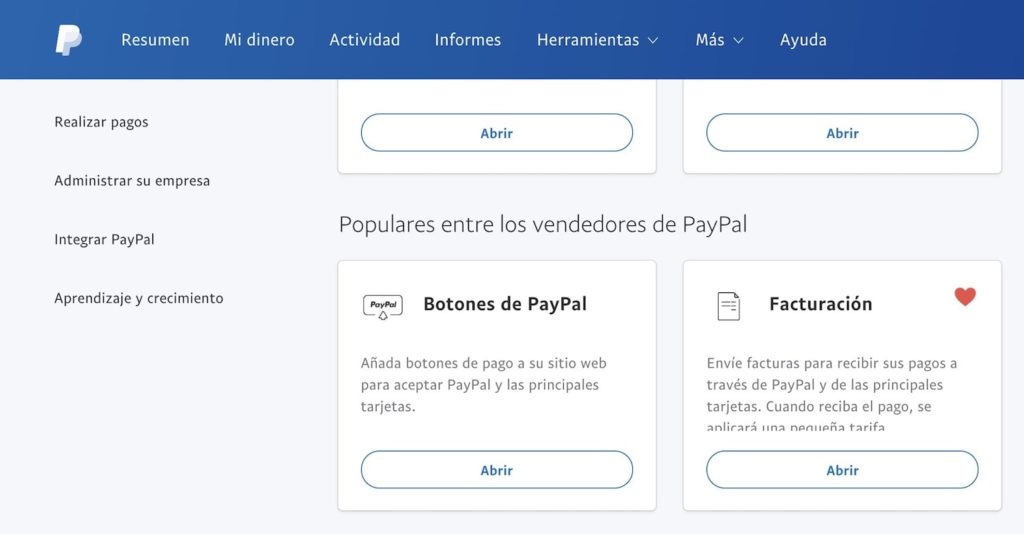 Herramientas de pago en el panel de control de PayPal
