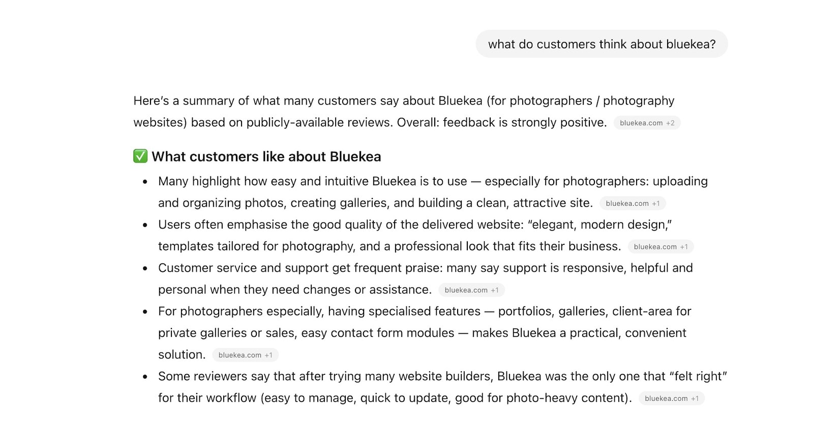 Response of ChatGPT to a query about client opinions of a pro service