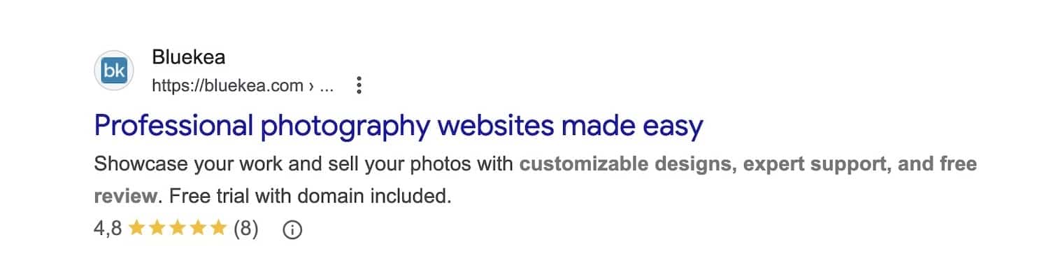 Star rating on Google results taken from a Schema markup for testimonials